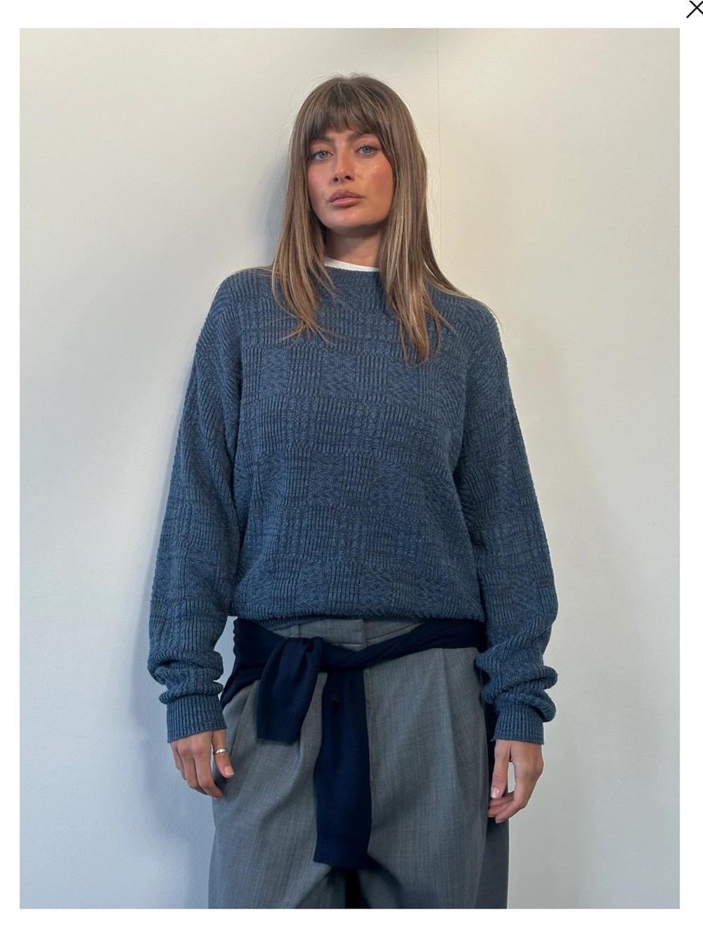 Vintage 90s Oscar De La Renta Cotton Sweater Textured Blue Basketweave XXL